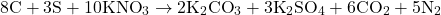 \[ 8 \text{C} + 3 \text{S} + 10 \text{KNO}_3 \rightarrow 2 \text{K}_2 \text{CO}_3 + 3 \text{K}_2 \text{SO}_4 + 6 \text{CO}_2 + 5 \text{N}_2 \]